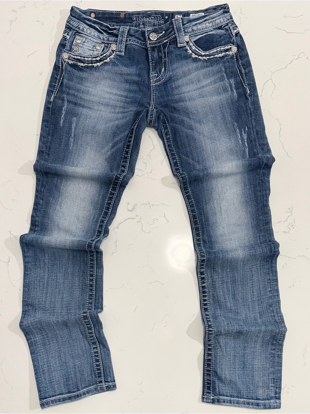 Miss Me Easy Straight Jeans Womens 26 Medium Wash Embellished Stretch